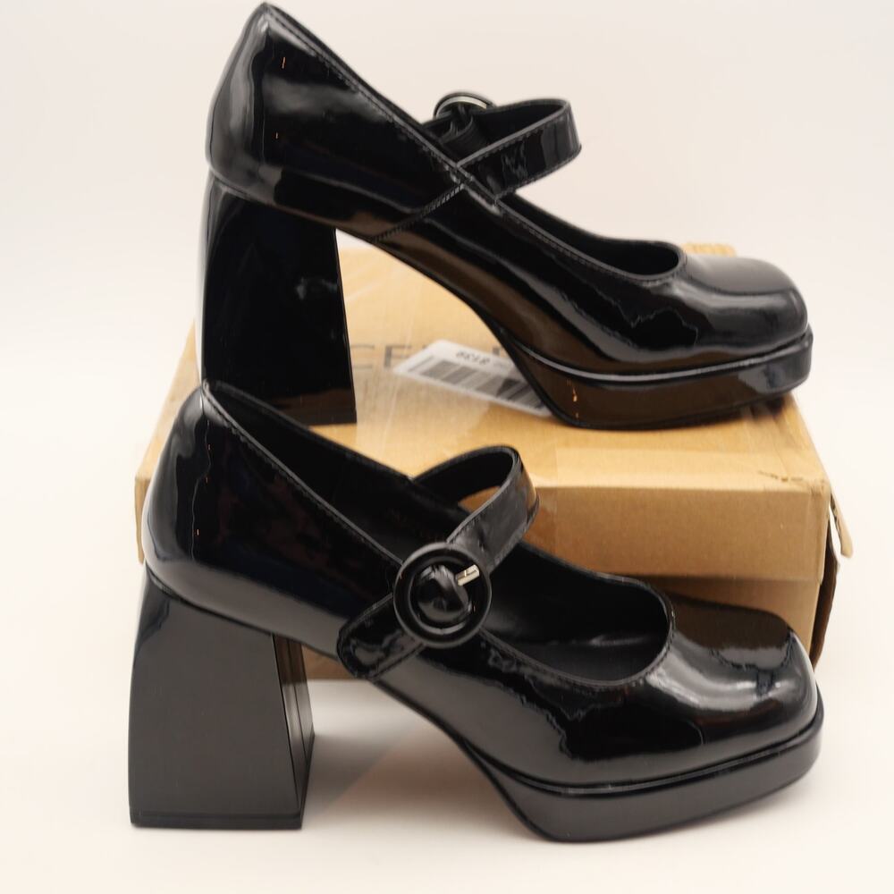 NEW Mary Jane Women's 7 Platform Black Patent Chunky Heels Shoes - Picture 4 of 9
